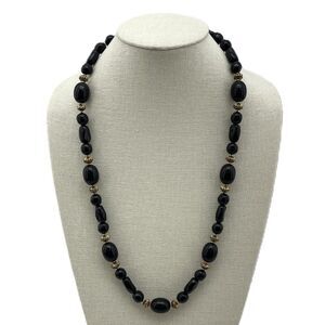 Vintage Lucite Jet Black Necklace Enlongated Beads Gold Tone Spacer 29.5 inches